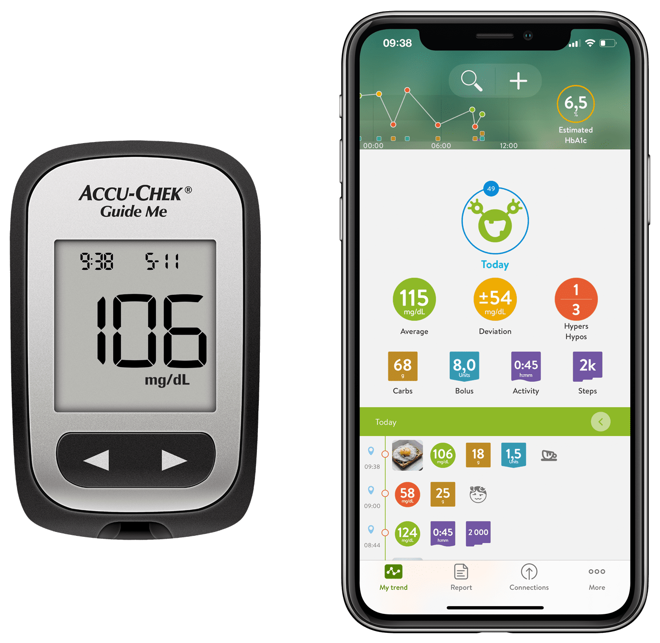 Accu-Chek Guide blood glucose meter connected to mySugr app on iPhone