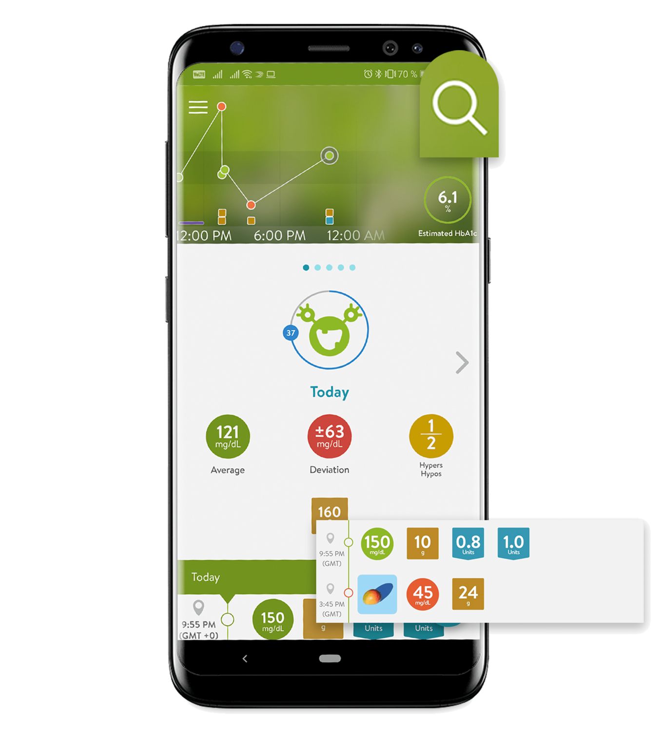 Android phone with mySugr mobile application Smart Search feature displayed