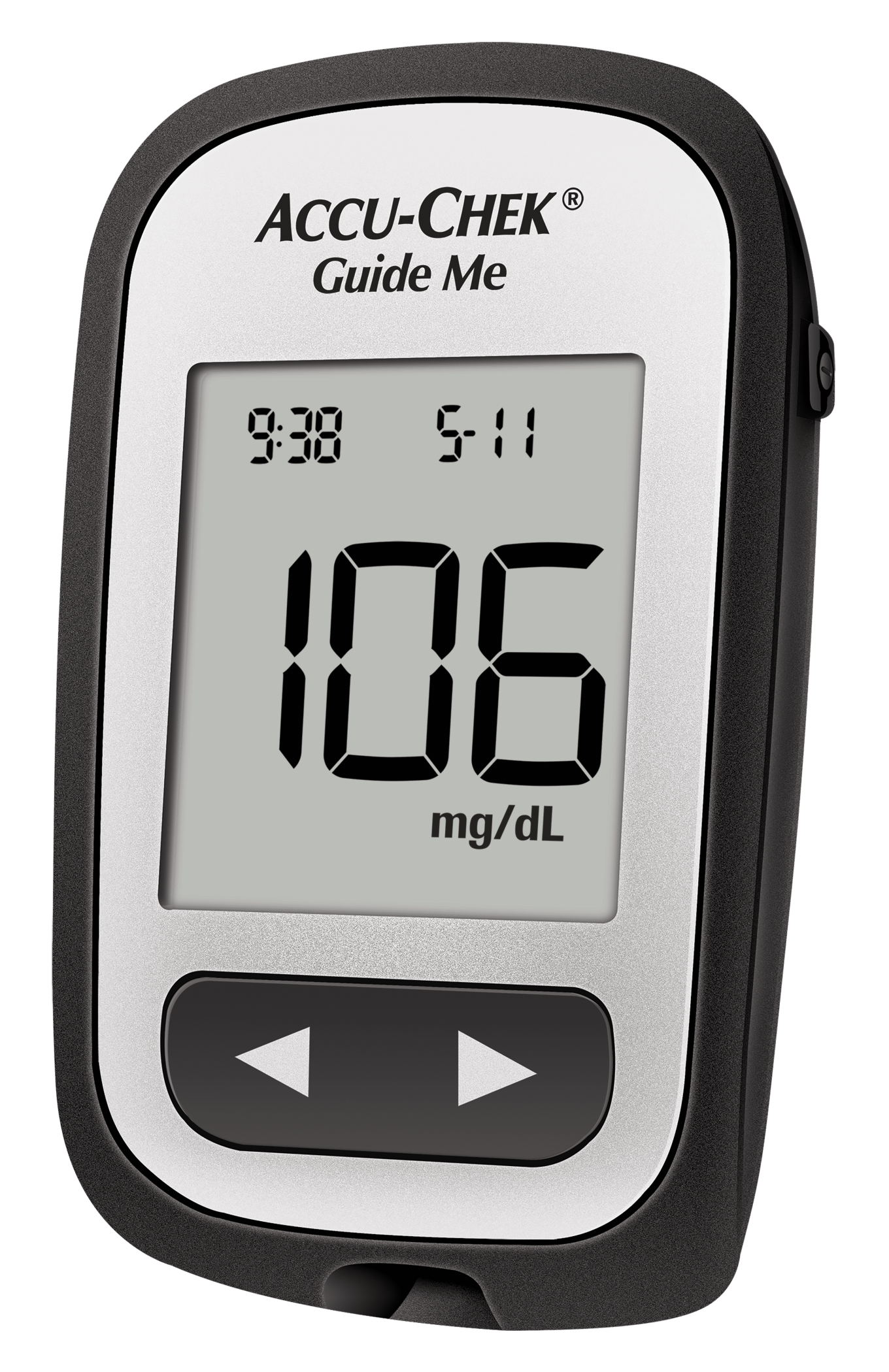 Accu-Chek® Guide Me blood glucose meter, angled left